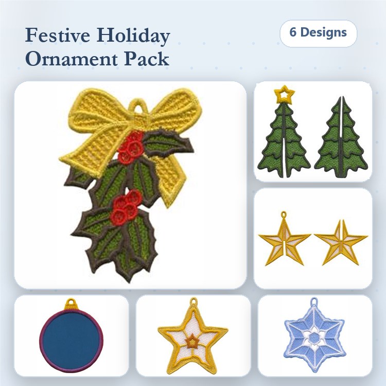 FSL Festive Holiday Ornaments Embroidery Designs Bundle – Holly, Christmas Tree, Star, Snowflake & More (6 Designs)
