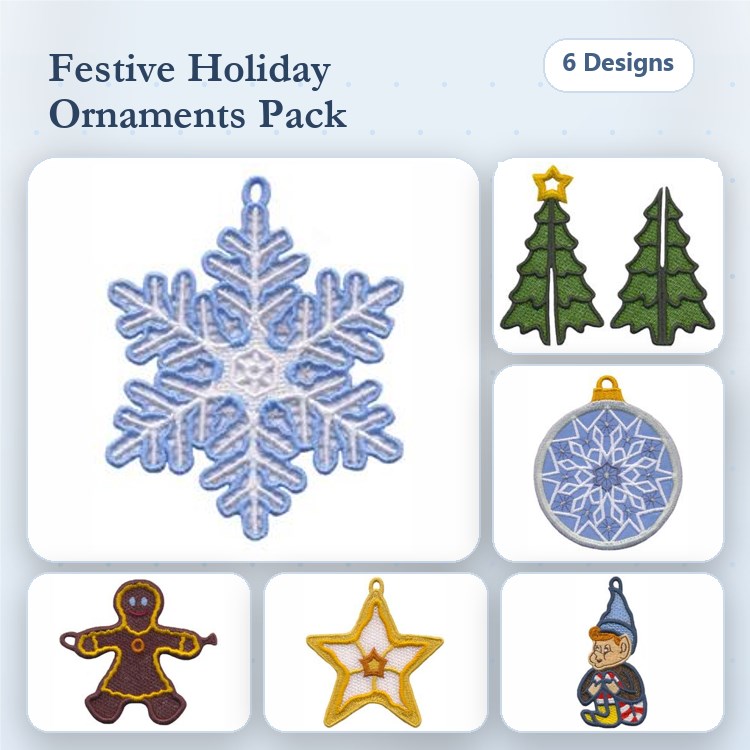 FSL Holiday Ornament Embroidery Bundle – Snowflake, Christmas Tree, Gingerbread Man & More (6 Designs)