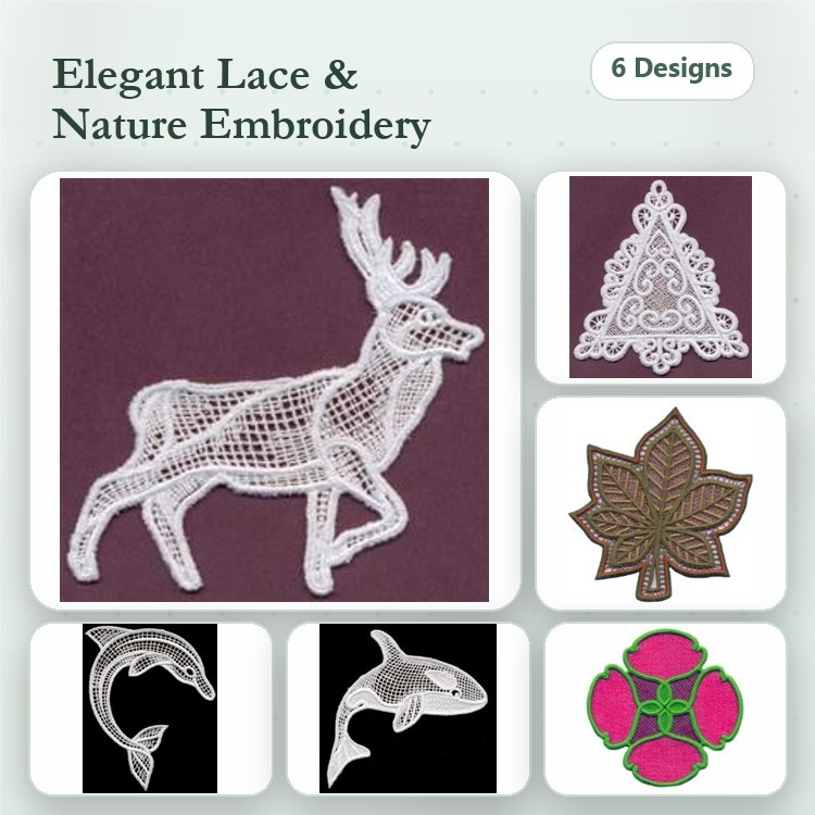 FSL Elegant Lace Embroidery Designs Bundle – Deer, Christmas Tree, Dolphin & More (6 Designs)