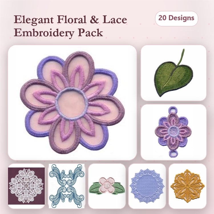 FSL Elegant Floral Lace Embroidery Designs Bundle – Floral Lace Ornament, Lace Flower, Leaf Shape & More (20 Designs)