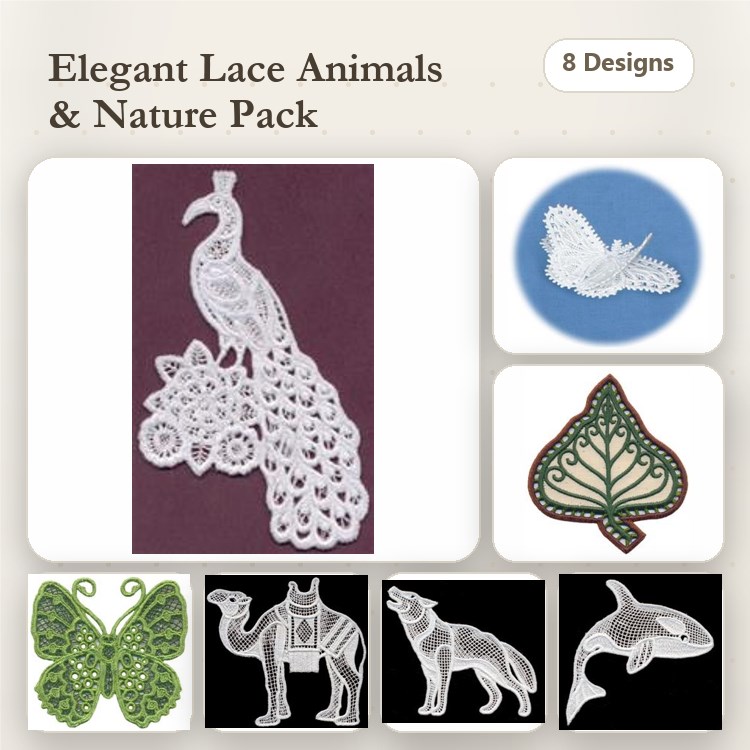 FSL Elegant Lace Embroidery Bundle – Peacock, Butterfly, Leaf, Camel & More (8 Designs)