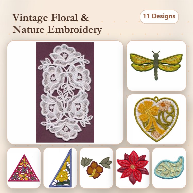 FSL Vintage Floral and Nature Embroidery Designs Bundle – Lace Floral Panel, Dragonfly, Floral Heart & More (11 Designs)