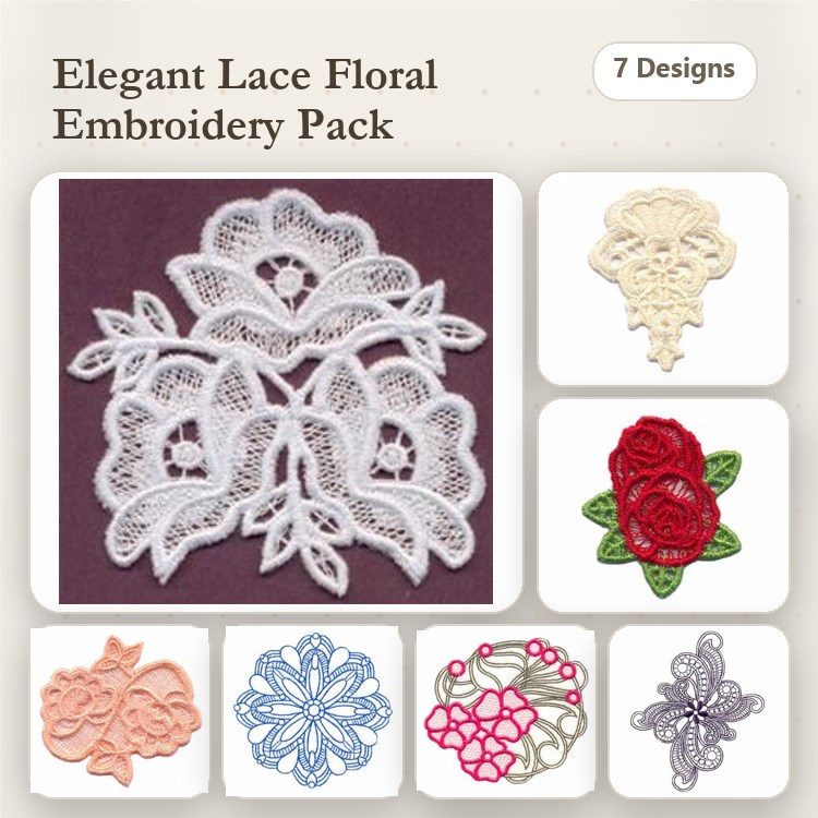 FSL Elegant Floral Lace Embroidery Bundle – Lace Flower Cluster, Lace Leaf, Lace Rose & More (7 Designs)