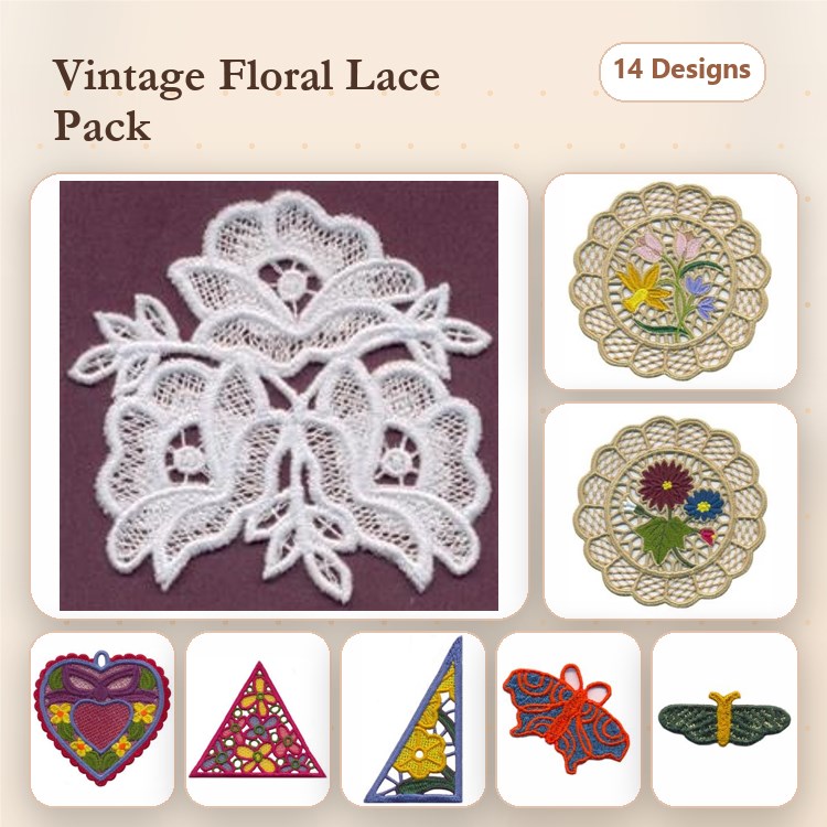 FSL Vintage Floral Lace Embroidery Bundle – Floral Lace Motif, Floral Doily, Heart Ornament & More (14 Designs)