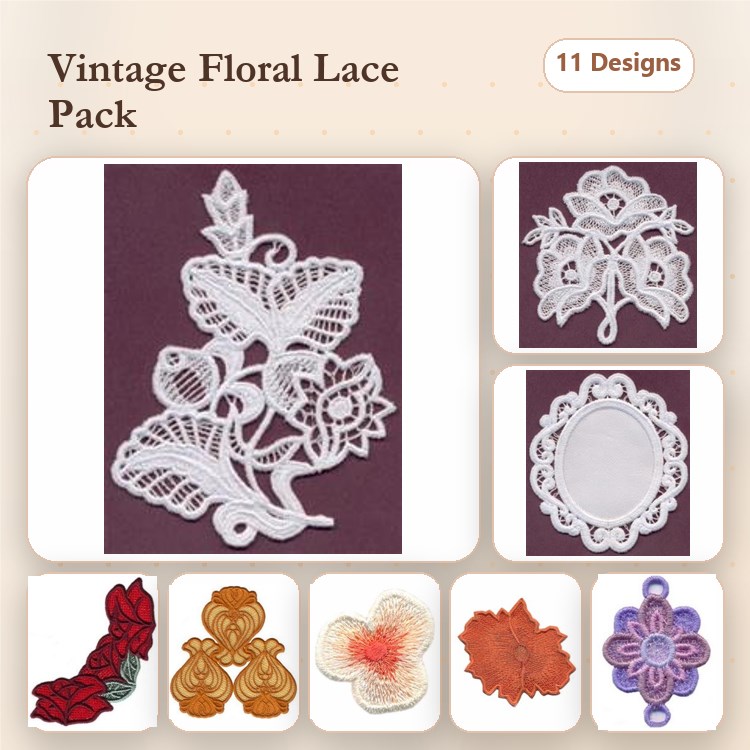 FSL Vintage Floral Lace Embroidery Bundle – Floral Lace Motif, Lace Flower, Ornamental Lace & More (11 Designs)