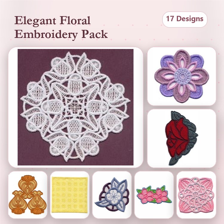 FSL Elegant Floral Embroidery Bundle – Lace Flower, Floral Mandala, Red Rose & More (17 Designs)
