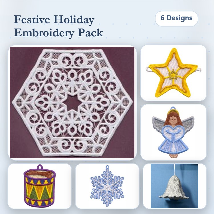 FSL Festive Holiday Embroidery Designs Bundle – Lace Hexagon, Star, Angel & More (6 Designs)