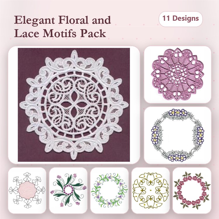 FSL Elegant Floral Embroidery Bundle – Lace Floral Motif, Ornate Lace Medallion, Flower Wreath & More (11 Designs)