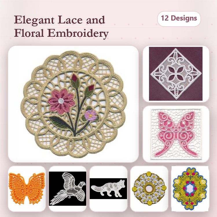 FSL Elegant Lace and Floral Embroidery Bundle – Floral Lace Doily, Lace Butterfly, Lace Square & More (12 Designs)