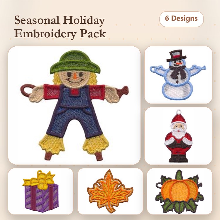 FSL Seasonal Holiday Embroidery Bundle – Scarecrow, Snowman, Santa Claus & More (6 Designs)