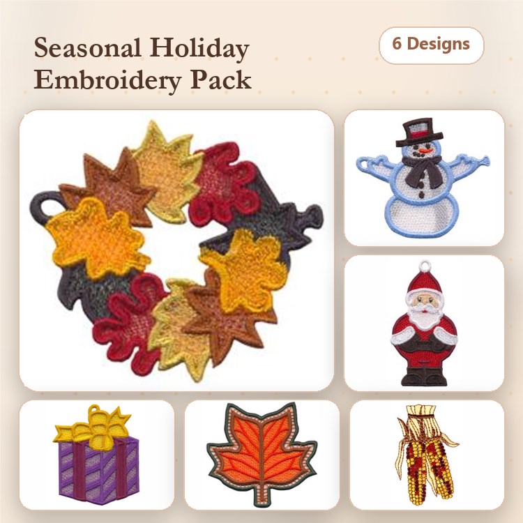 ITH Seasonal Holiday Embroidery Bundle – Snowman Ornament, Santa Ornament, Leaf Wreath & More (6 Designs)