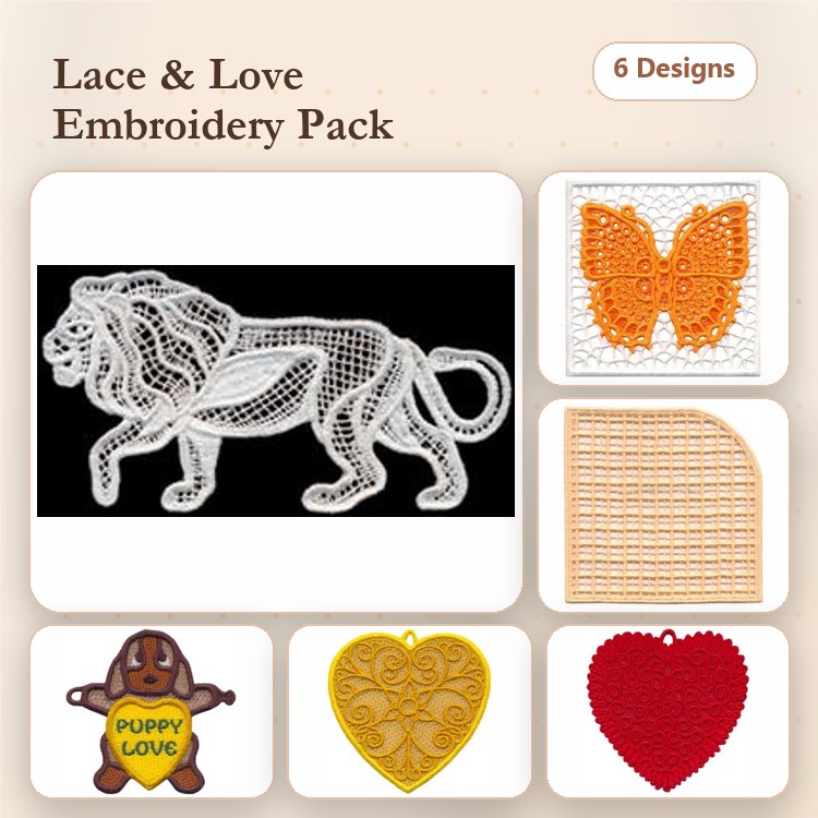FSL Lace Animals & Ornaments Embroidery Bundle – Lion, Butterfly, Puppy Love & More (6 Designs)