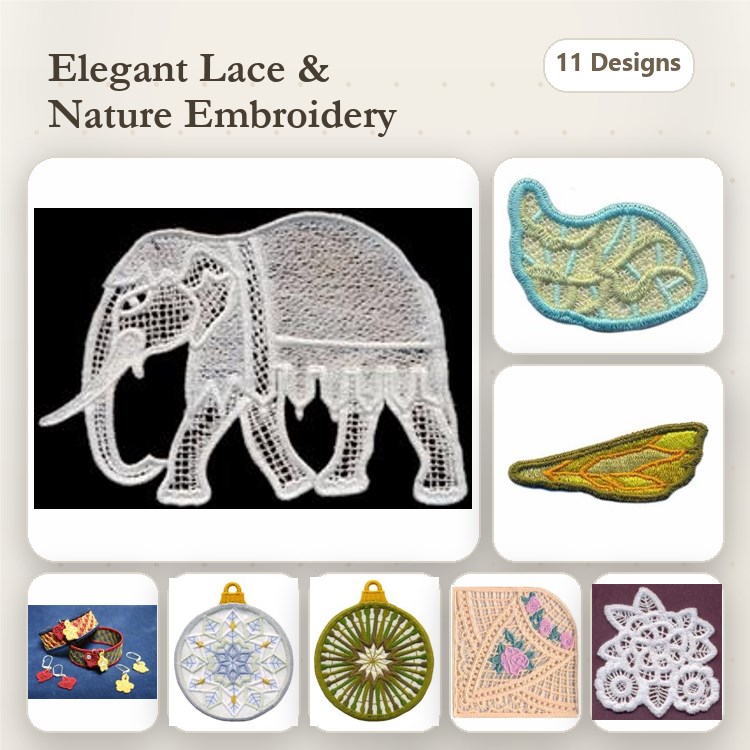 FSL Nature Embroidery Bundle – Lace Elephant, Lace Leaf, Jellyfish & More (11 Designs)
