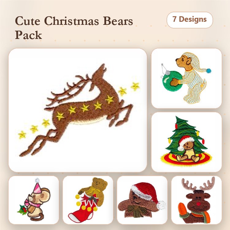 Christmas Bears Embroidery Designs Bundle – Reindeer with Stars, Bear with Christmas Tree, Bear with Present & More (7 Designs)