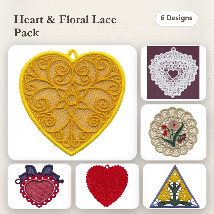 FSL Heart & Floral Lace Embroidery Designs Bundle – Heart Ornament, Floral Lace Ornament & More (6 Designs)