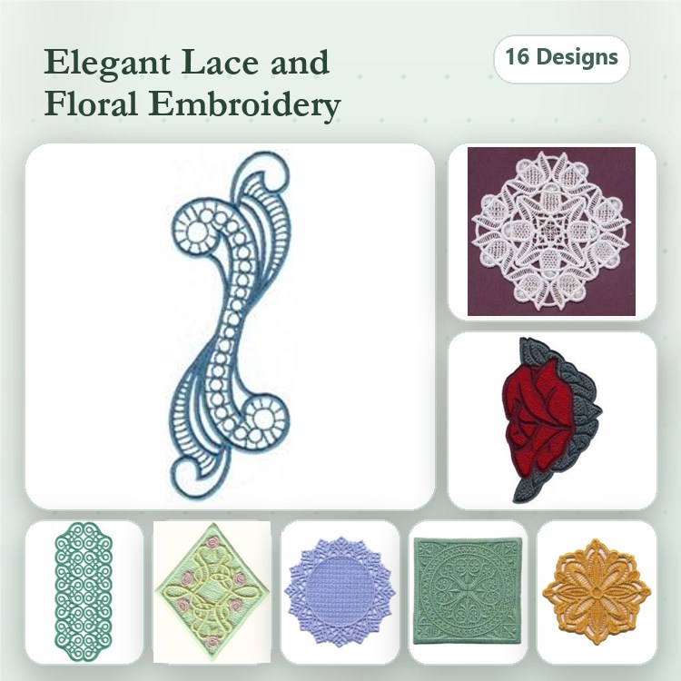 FSL Elegant Lace & Floral Embroidery Bundle – Lace Swirl, Floral Mandala, Lace Rose & More (16 Designs)