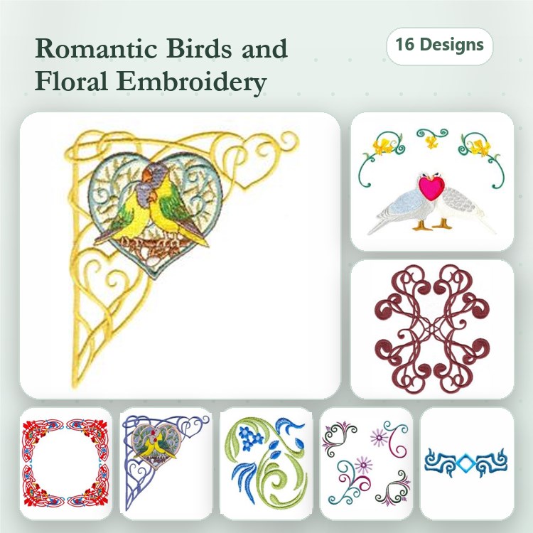 Romantic Birds & Floral Embellishments Embroidery Designs Bundle – Two Birds in Heart, Floral Heart with Birds, & More (16 Designs)