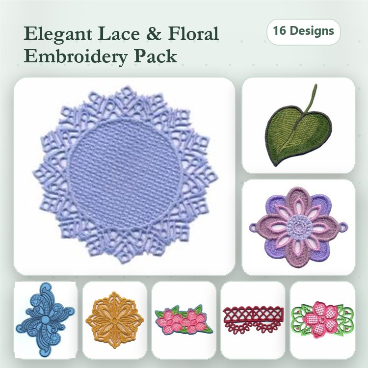FSL Lace & Floral Embroidery Bundle – Lace Circle, Floral Medallion, Leaf Outline & More (16 Designs)
