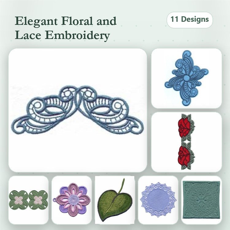 FSL Elegant Floral & Lace Embroidery Bundle – Lace Floral Accent, Lace Swirl, Floral Element with Roses & More (11 Designs)