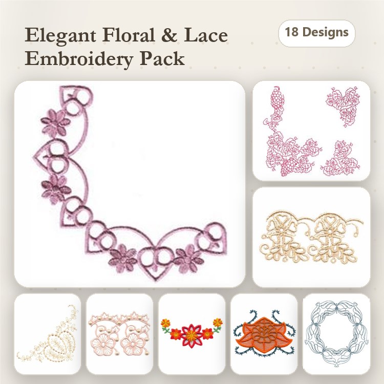 Redwork Floral & Lace Embellishments Embroidery Designs Bundle – Floral Lace Border, Flower Cluster, & More (18 Designs)
