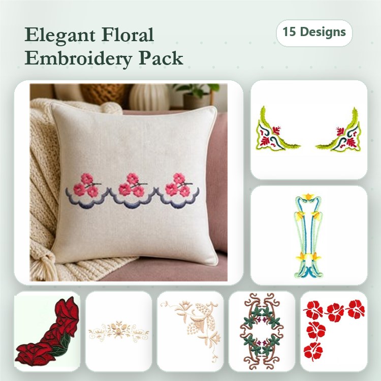 Floral Embellishments Embroidery Bundle – Floral Border, Rose, Wreath, Vase & More (15 Designs)