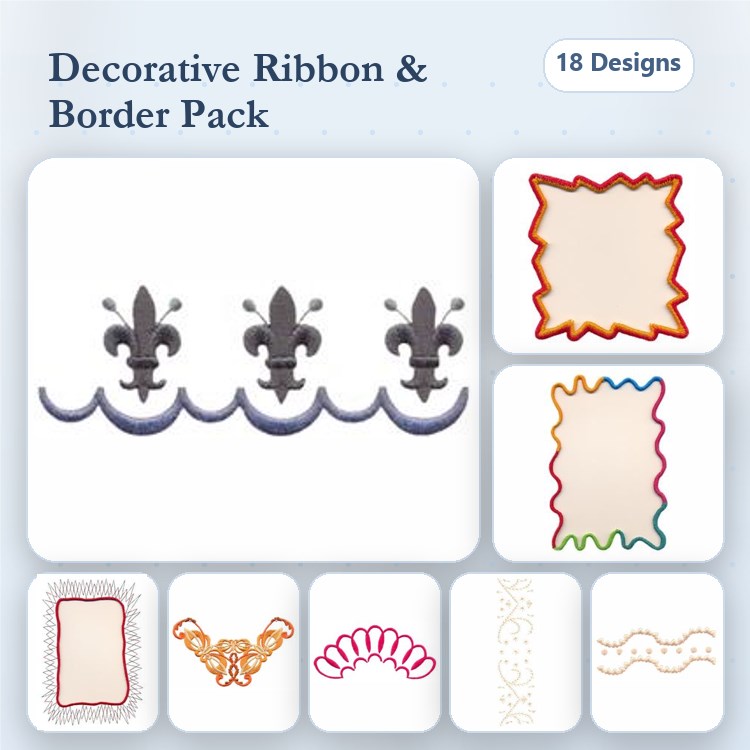 Embellishing Ribbons & Borders Embroidery Bundle – Fleur-de-lis, Wavy, Curly, & More (18 Designs)