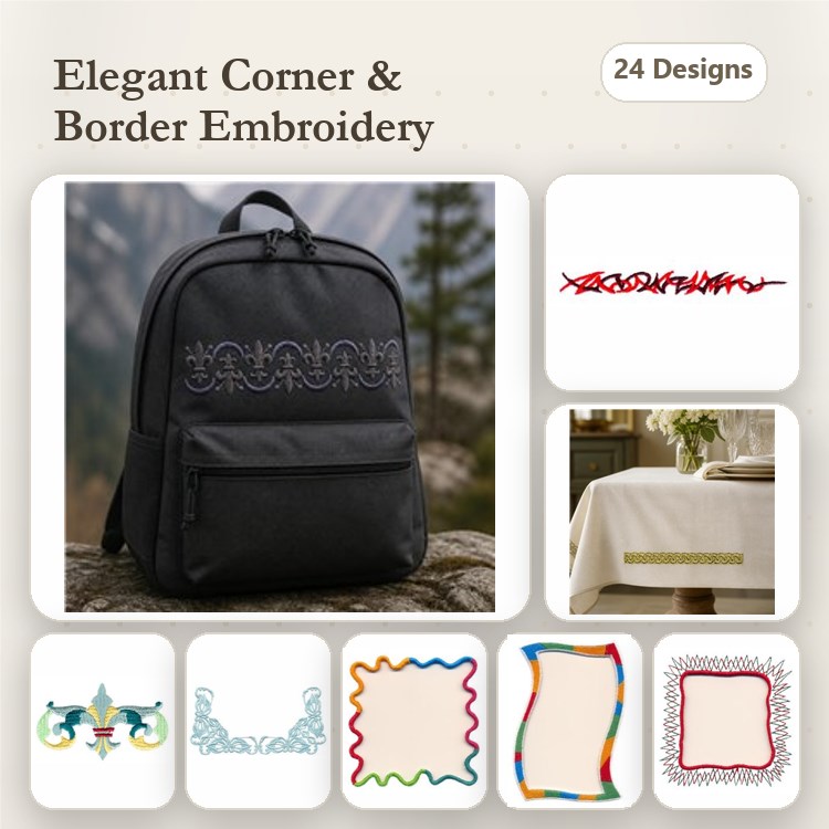 Elegant Corner & Border Embellishments Embroidery Bundle – Curvy, Floral, Geometric & More (24 Designs)