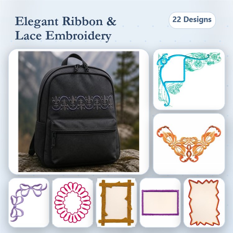 Elegant Ribbon & Lace Embroidery Bundle – Lace Corner Design, Lace Frame, Ribbon Border & More (22 Designs)
