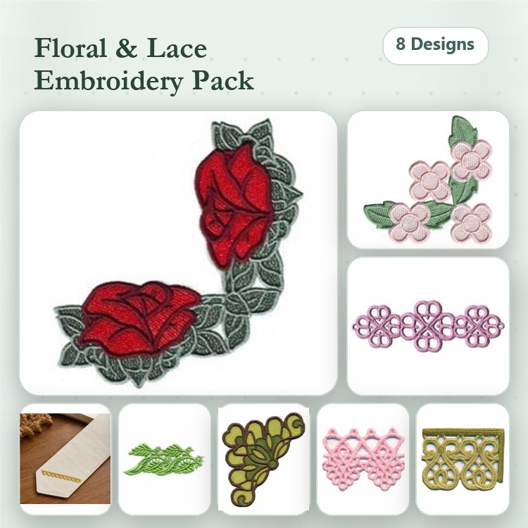 FSL Floral and Lace Embroidery Designs Bundle – Rose with Leaves, Pink Flower Cluster, Lace Floral Trim & More (8 Designs)
