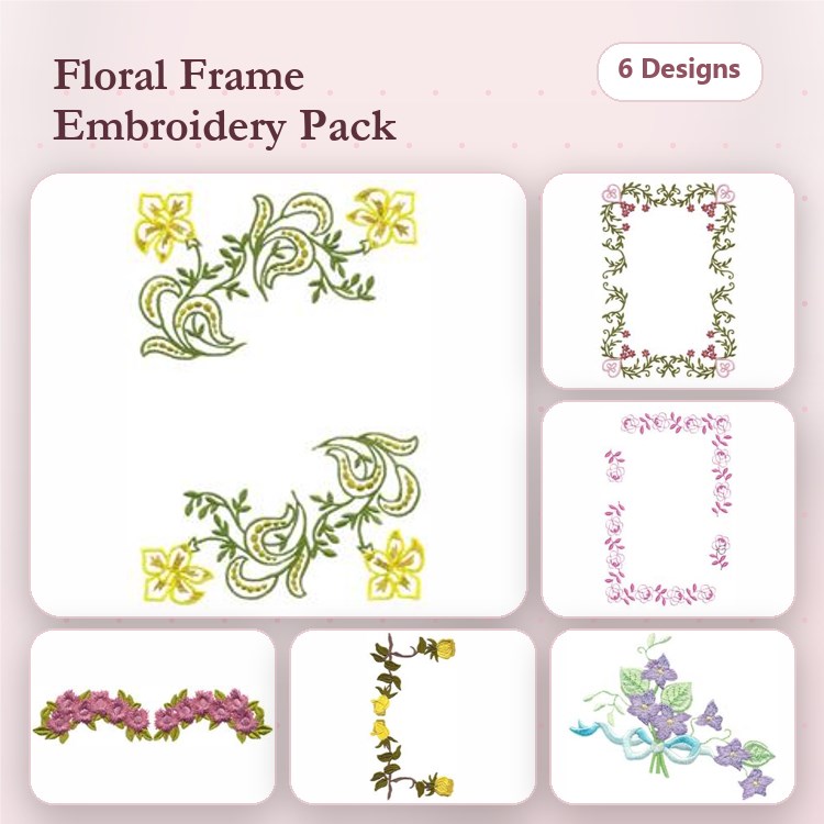 Floral Frame Embroidery Bundle – Yellow, Pink, Green Accents & More (6 Designs)
