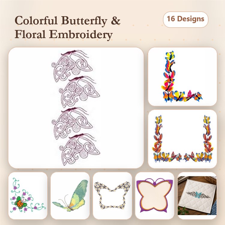 Butterflies & Floral Embellishments Embroidery Bundle – Colorful Butterflies, Floral Corner, Floral Border & More (16 Designs)