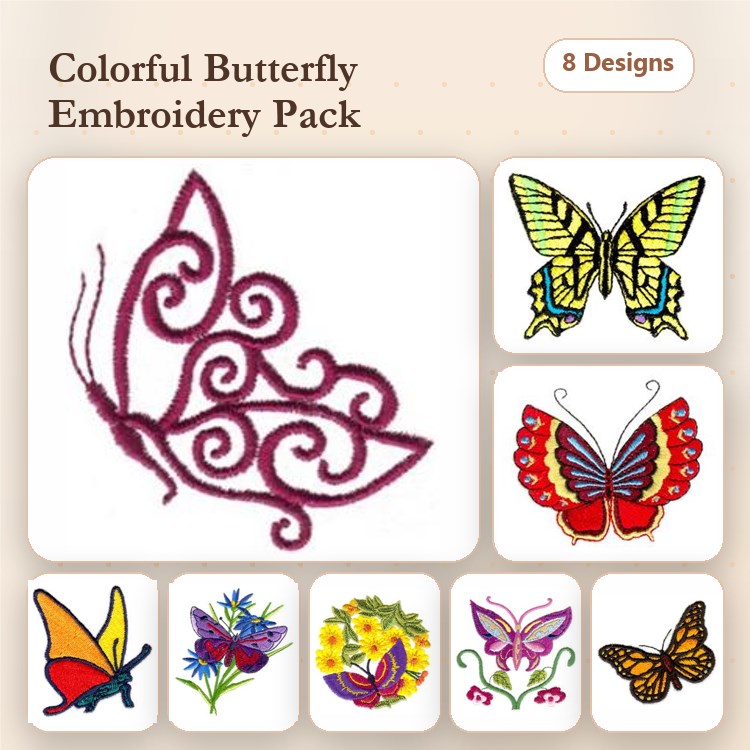 Colorful Butterfly Embroidery Bundle – Swirly Red, Purple with Flowers, Painted Lady & More (8 Designs)