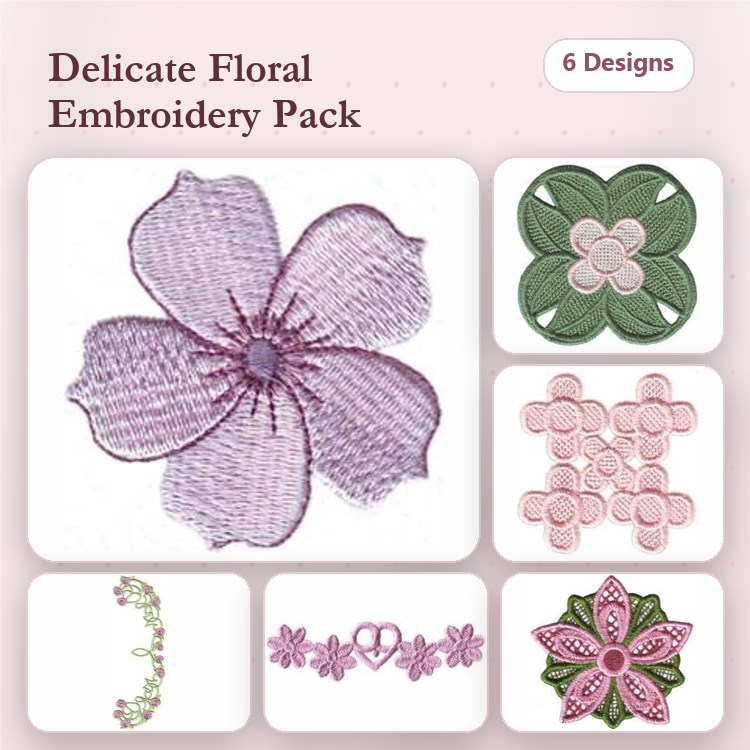 Delicate Floral Embroidery Designs Bundle – Pink Flower, Green Floral Cluster, Heart Floral Connection & More (6 Designs)