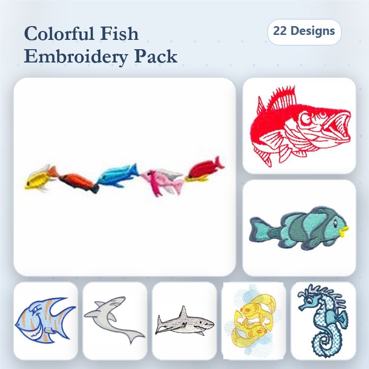 Colorful Fish Embroidery Designs Bundle – Red Fish, Shark, Seahorse & More (22 Designs)