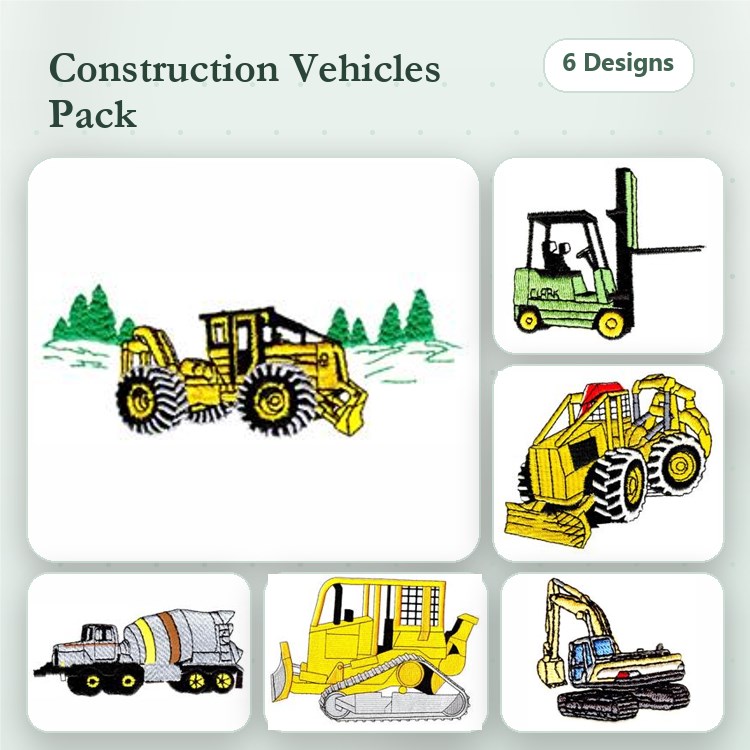 Construction Vehicles Embroidery Bundle – Bulldozer, Forklift, Backhoe & More (6 Designs)
