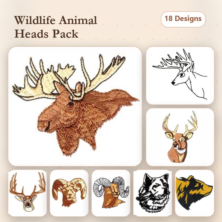 Wildlife Animal Heads Embroidery Designs Bundle – Moose, Deer, Bear, Wolf & More (18 Designs)