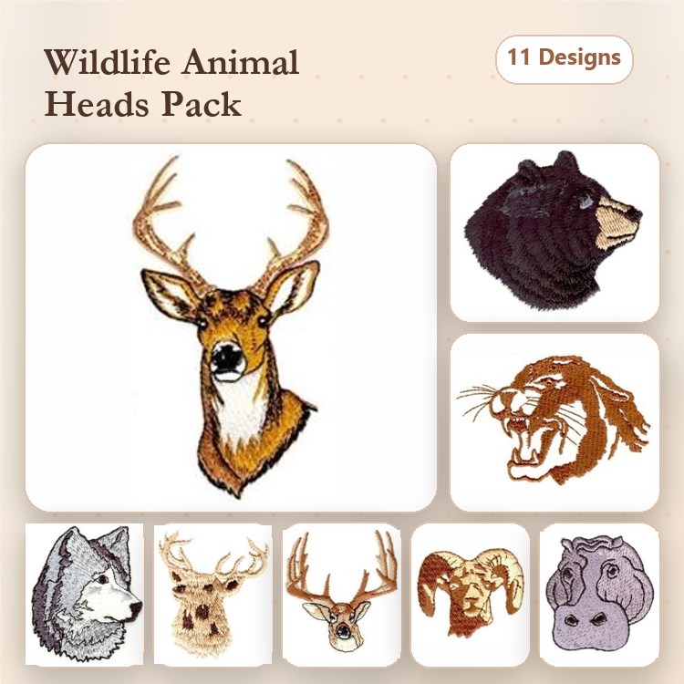Wild Animal Embroidery Bundle – Bear, Lynx, Lion, Wolf & More (11 Designs)