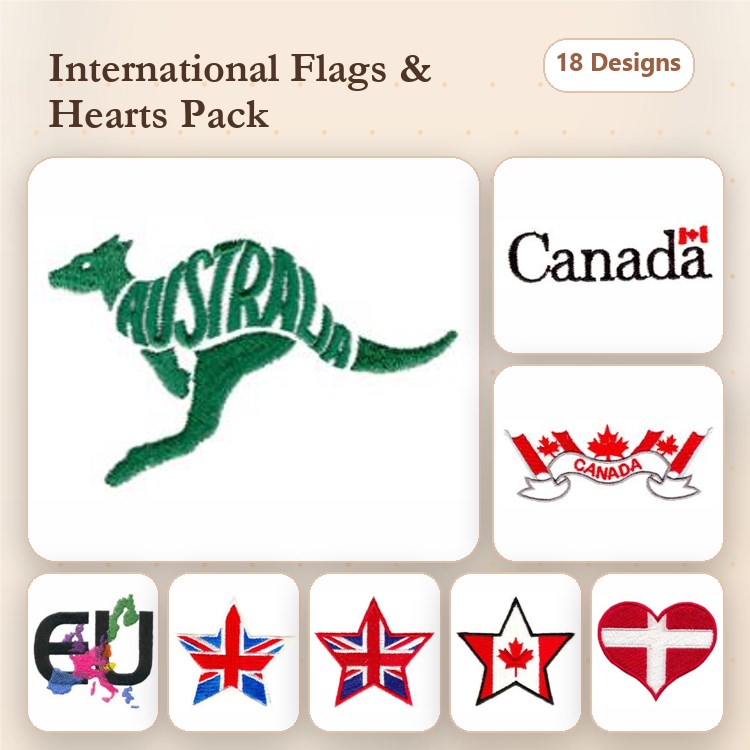 International Flags & Hearts Embroidery Designs Bundle – Kangaroo, Canada Flag, UK Flag & More (18 Designs)