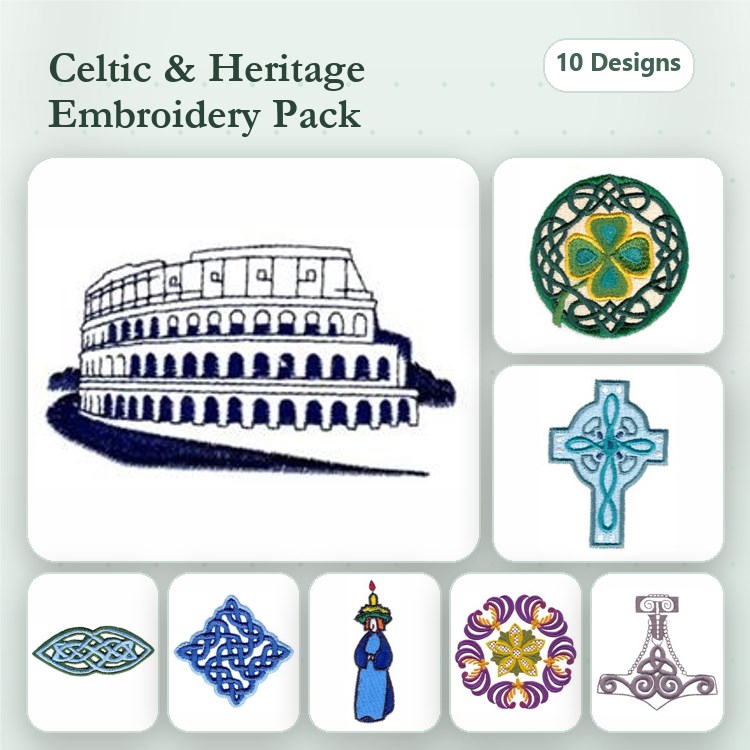 Celtic & Heritage Embroidery Designs Bundle – Colosseum, Celtic Knot, Celtic Cross & More (10 Designs)