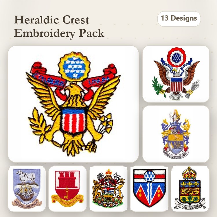 Heraldic Crests Embroidery Bundle – Eagle, Lion, Wolf & More (13 Designs)