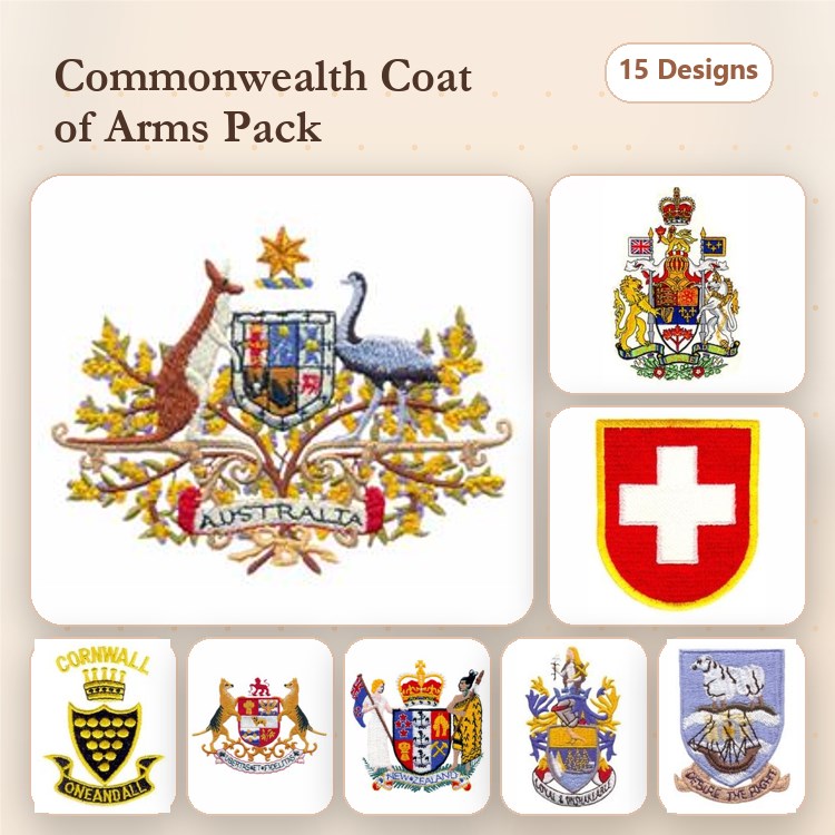 Coat of Arms Embroidery Designs Bundle – Australian, British, Swiss, & More (15 Designs)