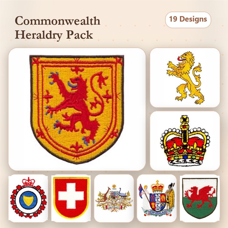Heraldic Symbols Embroidery Designs Bundle – Lion Rampant, Crown, Swiss Cross & More (19 Designs)