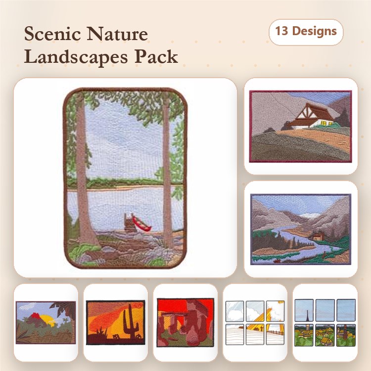 Scenic Landscape Embroidery Bundle – Lakeside View, Mountain Cabin, Desert Sunset & More (13 Designs)