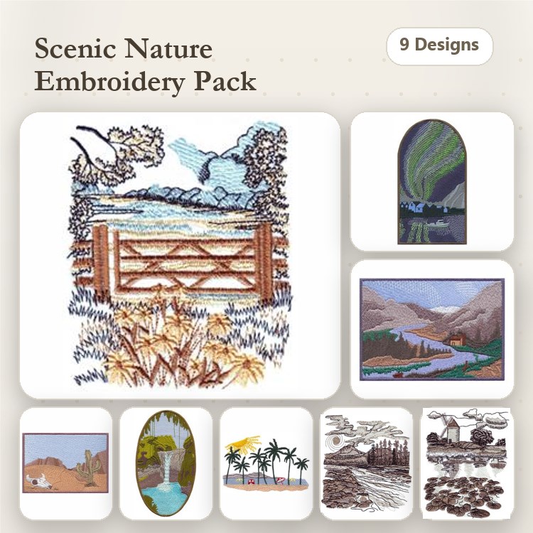 Nature Scenery Embroidery Designs Bundle – Countryside Landscape, Mountain View, Waterfall & More (9 Designs)