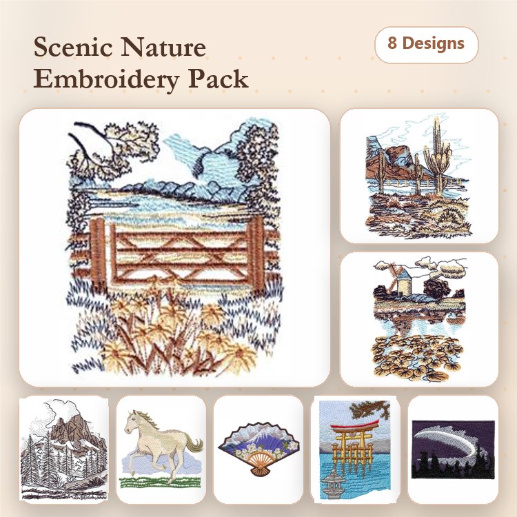 Scenic Nature Landscapes Embroidery Bundle – Mountain Landscape, Horse by the Stream, Fenced Pasture & More (8 Designs)