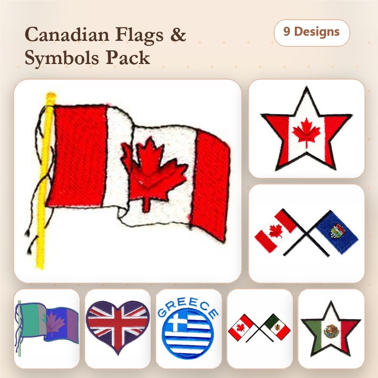 Flags & National Symbols Embroidery Designs Bundle – Canadian Flag, Maple Leaf, British Flag & More (9 Designs)