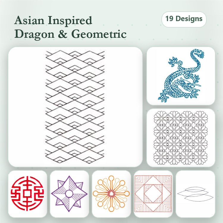Redwork Asian Inspired Embroidery Bundle – Dragon, Geometric Pattern, Traditional Chinese Symbol & More (19 Designs)