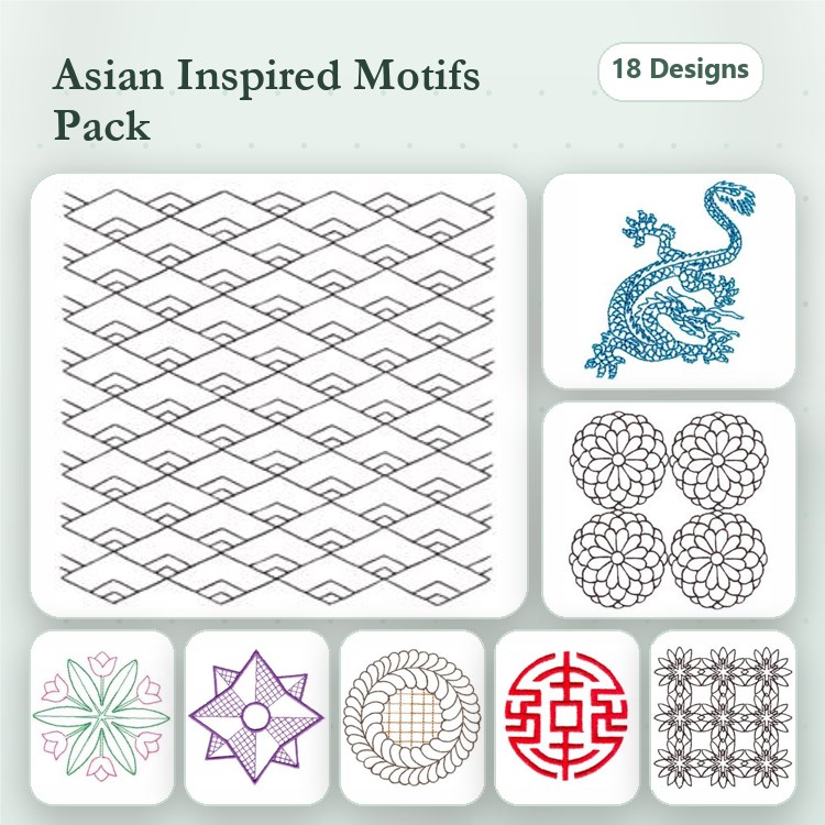 Asian Inspired Embroidery Designs Bundle – Dragon Motif, Geometric Star, Interlocking Waves & More (18 Designs)