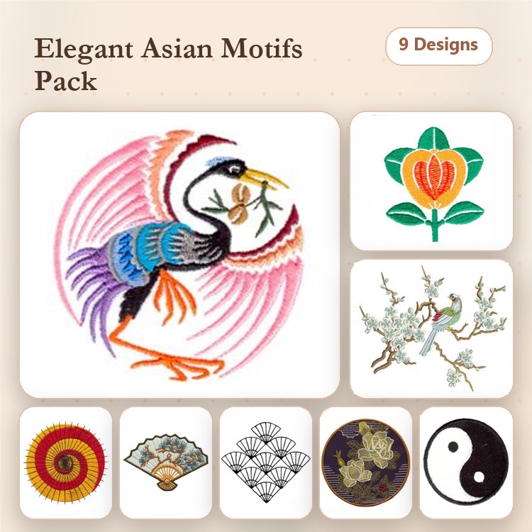 Asian Motif Embroidery Designs Bundle – Crane with Flower, Lotus Flower, Cherry Blossom & More (9 Designs)