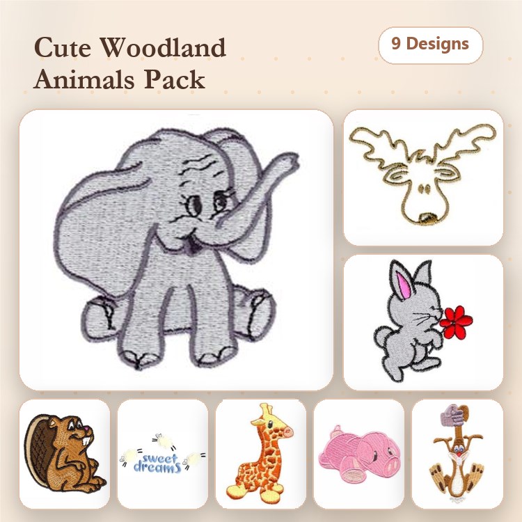 Woodland Animals Embroidery Bundle – Elephant, Moose, Bunny, Hedgehog & More (9 Designs)